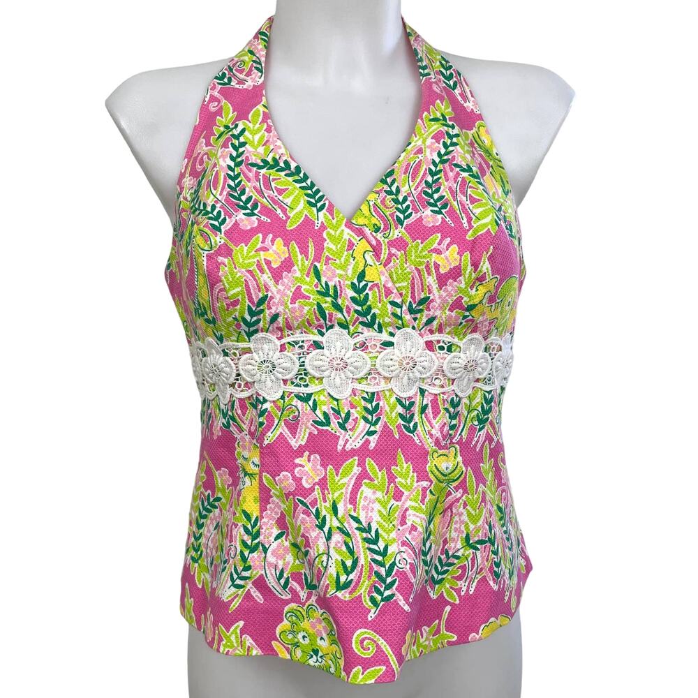 Y2K Lilly Pulitzer Pink Green Jungle Millionaire Row Halter Tie Neck Top Size 6